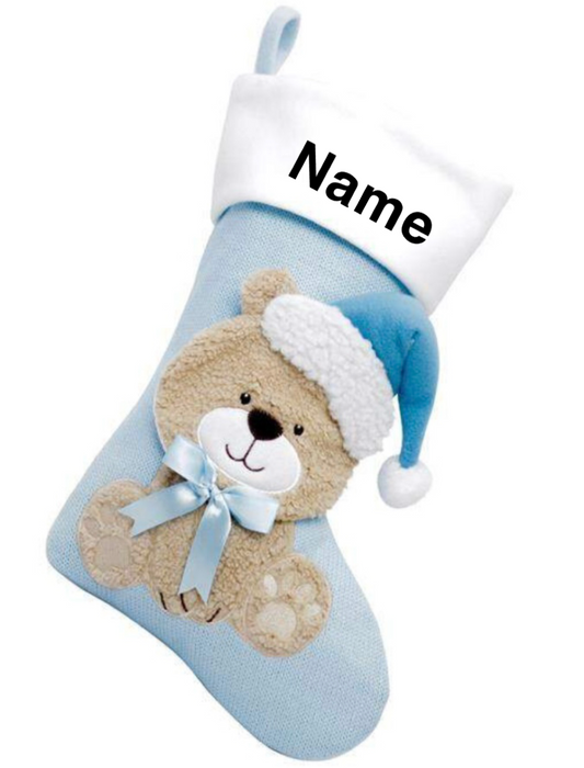 Deluxe Personalised Plush Baby Blue Knitted 3D Teddy Stocking